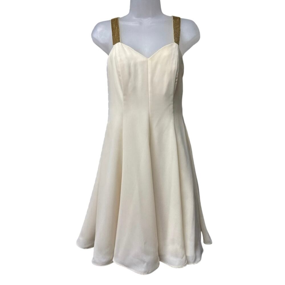 Vintage Jessica Howard Size 8 Ivory Fit & Flare Dress Gold Bead Straps Party